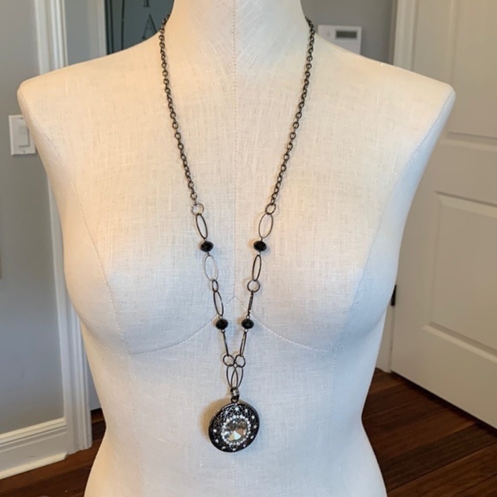 Extra long large faceted loose rhinestone pendant flower dark silver